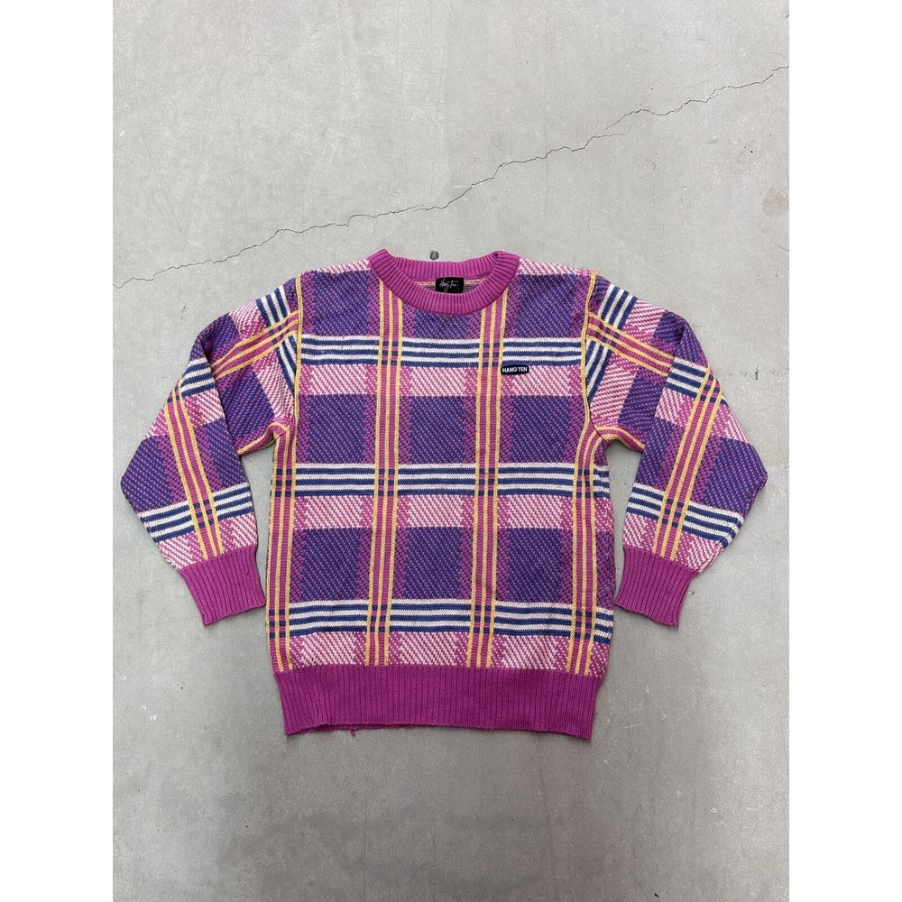 Hang Ten Bright Multicolored Plaid Sweater - PTP: 19" - Size Medium